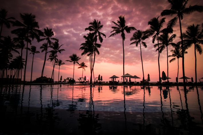Silhouettes of palm trees at a resort pool during a stunning tropical sunset.