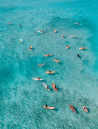 Stunning drone shot of surfers waiting for waves in the clear waters of Hawaii.